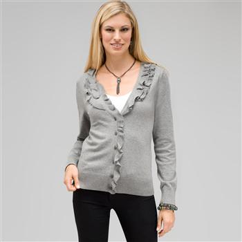 Ruffle Front V-Neck Cardigan, Grey Heather, large