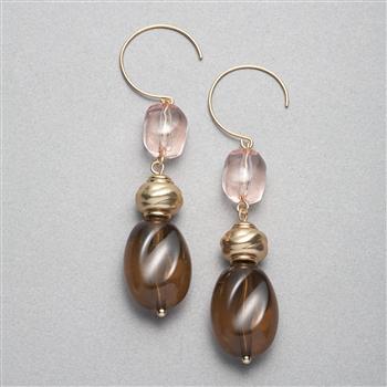 Brown and Pink Drop Earrings, Gold, large