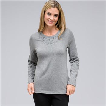 Long Sleeve Appliqued Crew Neck, Grey Heather, large