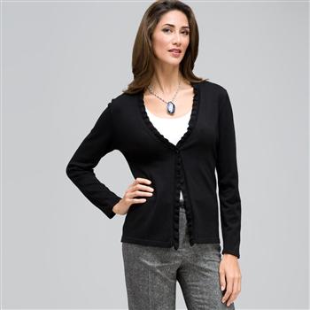 Long Sleeve Ruffle Front Trim Cardigan, Black, large