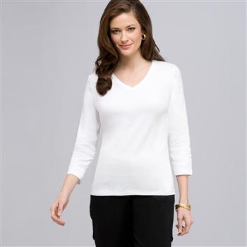 3/4 Sleeve V-Neck Top, White, large