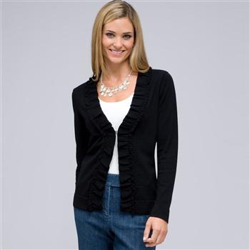 Long Sleeve Ruffle Front Cardigan, Black, large
